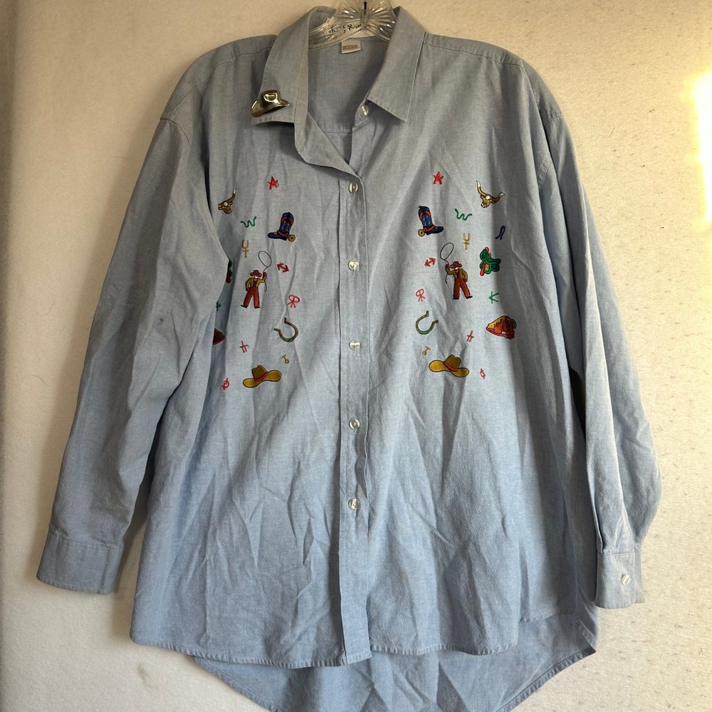 Casey Coleman Vintage Western Embroidered Chambray Shirt Blue Cowboy Hat Pin L